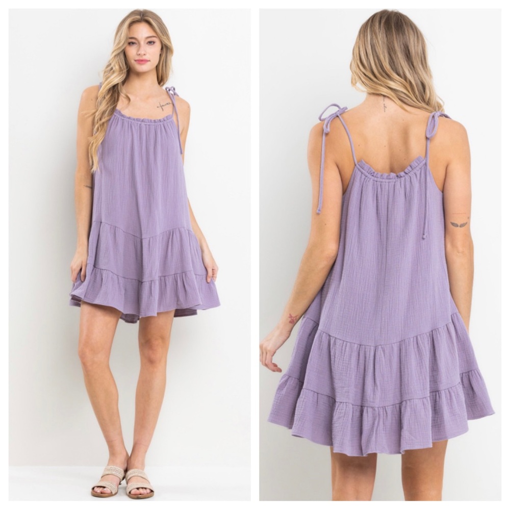 Boho Shirring Neck Self Tie Shoulder  Dress